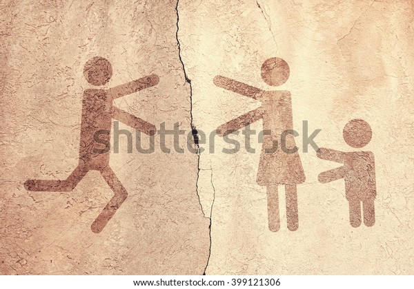 Symbols of women, children and men running toward\
each other and stretching their hands on the background of a\
concrete wall divided by cracks.\
Toned