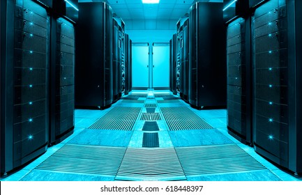 symmetric server room with rows of mainframes in modern data center, futuristic design