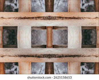 Symmetrical arrangement of wooden beams creating a geometric and textured pattern. Rustic, natural wood tones.