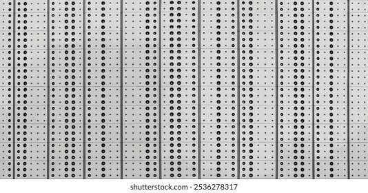 Symmetrical Array of Black Dots on White Grid. A symmetrical grid pattern of black dots arranged on a white, perforated surface. The repeating geometric design creates a sense of order and structure.