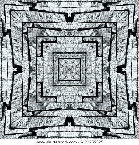 Symmetrical concentric square pattern of carved stone slabs — kaleidoscopic architectural texture, monochrome.