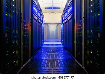 Symmetrical Data Center Room With Futuristic Beams And Rows Of Equipment