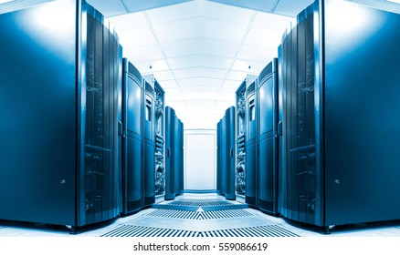 Symmetrical Data Center Room With Rows Of Equipment