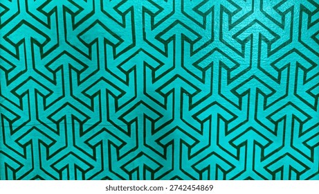 Symmetrical Geometric Pattern with Interlocking Y-Shapes in Vibrant Green and Black Creating a Modern Islamic Architectural Texture
