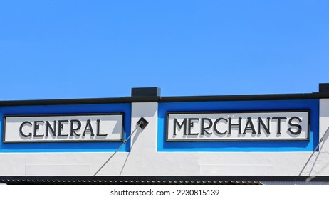 Symmetrical parapet-AD 1930 erected single story reinforced concrete Art Deco building on Edith and Owen streets corner-flat parapet keeping the name of long ago closed store. Innisfail-QLD-Australia. - Shutterstock ID 2230815139