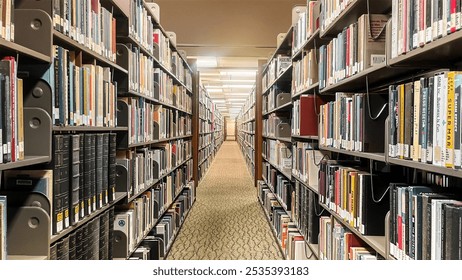 A symmetrical view of a quiet library aisle with shelves packed full of books on both sides. The well-lit corridor stretches into the distance, giving a sense of infinite knowledge to be discovered. - Powered by Shutterstock