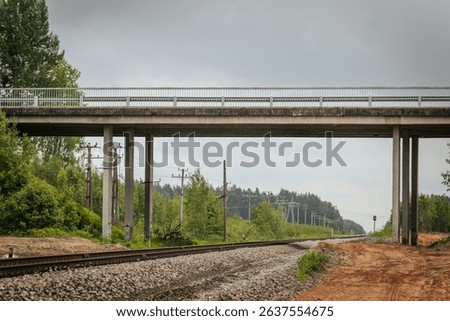 Symmetrical view of railway tracks stretching into the distance and passing beneath a concrete bridge, surrounded by forested terrain and cloudy skies.