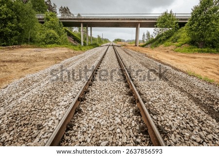 Symmetrical view of railway tracks stretching into the distance and passing beneath a concrete bridge, surrounded by forested terrain and cloudy skies.