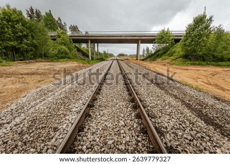 Symmetrical view of railway tracks stretching into the distance and passing beneath a concrete bridge, surrounded by forested terrain and cloudy skies.