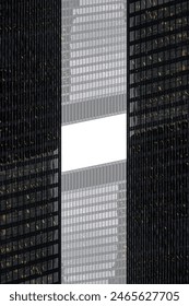 symmetry and mirrored geometry pattern, reflected skyscrapers and modern buildings abstract background, lines and tunnel futuristic technology concept