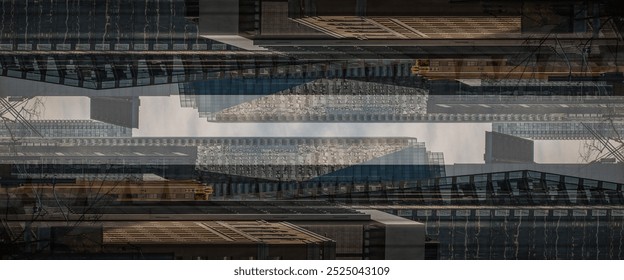 symmetry and mirrored geometry pattern, reflected skyscrapers and modern buildings abstract background, lines and tunnel futuristic technology concept - Powered by Shutterstock