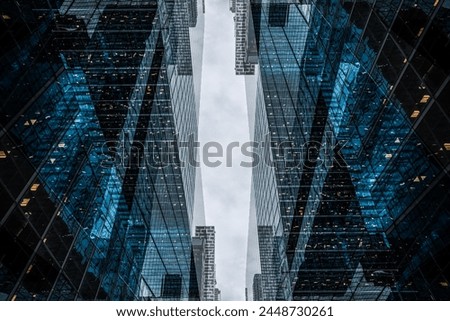 symmetry and mirrored geometry pattern, reflected skyscrapers and modern buildings abstract background, lines and tunnel futuristic technology concept