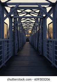 Symmetry View Of Footbridge Over Railway Track At Sunset. Empty Space.