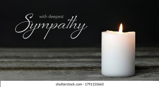 Sympathy Card. Memorial Candle On Wooden Background