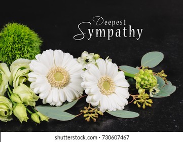 Sympathy Text Card: White Flowers On Black Background.