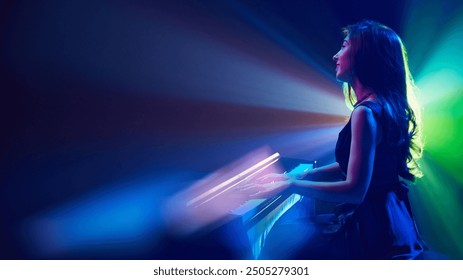 Symphony of light and sound. Pianist plays as waves of color fill space, her form silhouette against radiant glow that surrounds her. Concept of classical and modern music, entertainment, jazz. Ad - Powered by Shutterstock