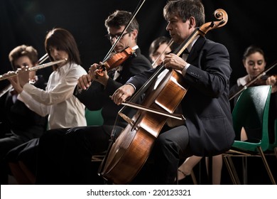 Symphony Orchestra On Stage, Violins, Cello And Flute Performing.