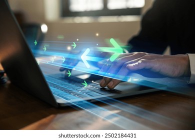 Sync, Business woman working with  transfer arrows icon on laptop, migration data, Data synchronize concept. - Powered by Shutterstock