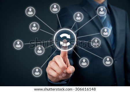 Synchronization of corporate data in data management system (DMS) and document management system concept. Businessman click on synchronization (sync) button connected with co-workers.

