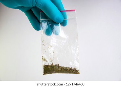 Synthetic Marijuana: Laboratory Technician Holds Samples Of Narcotic Herbal Medicines In Hand