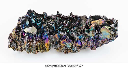 Synthetic Silicon Carbide With Iridescent Crystals Of Rough Surface On White Background. Carborundum Chemical Compound. In Nature Rare As Moissanite Mineral. Use As Abrasive Or Semiconductor Material.