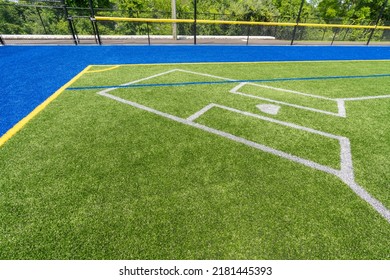 Synthetic Turf Multi Sport Field With Soccer, Football, Lacrosse And Softball Batters Box Lines In White, Gray, Yellow And Red. 