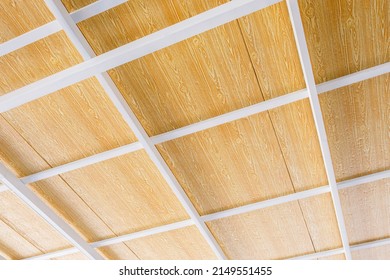 Synthetic Wood Awning Roof On Metal Beam Structure, Roofing And Ceiling Detail Of The Terrace Outside The House