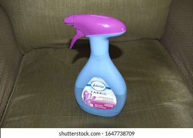 Syracuse, New York, USA - February 17, 2020: Plastic Bottle Of Procter & Gamble Febreze Fabric Freshener That Eliminates Bad Odors In Household Furniture 