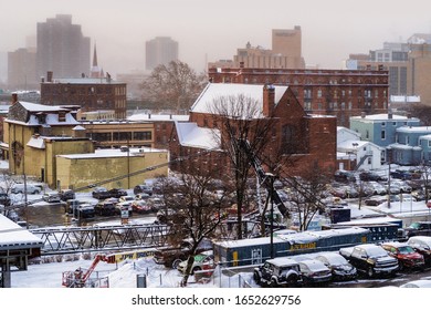 Syracuse, New York, USA. February 10, 2020. View Of Downtown Syracuse, NY And The Northside During A Morning Snowfall