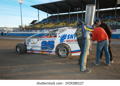 
Syracuse, NY, USA - October 10, 2015:  Erick Rudolph Makes A Pit Stop During The Final Super Dirt Week Championship Races At The Historic Syracuse Fairgrounds Dirt Track.				