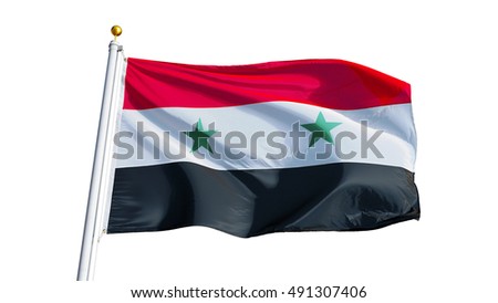 Syria flag waving on white background, close up, isolated with clipping path mask alpha channel transparency