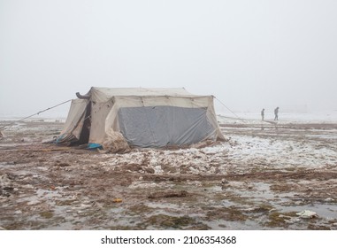 Syria - October 2017: General view of the camping tent. Syrian refugees in the Syrian border region are struggling to survive in cold weather conditions.