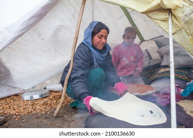 Syria - October 2017: Syrian refugees in the Syrian border region are struggling to survive in cold weather conditions.