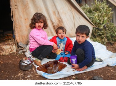 Syria - October 2017: Syrian refugees in the Syrian border region are struggling to survive in cold weather conditions.Images of daily life in the refugee camp. Atmeh camp.