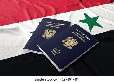 Syria Passport On The Syrian Flag, Top View