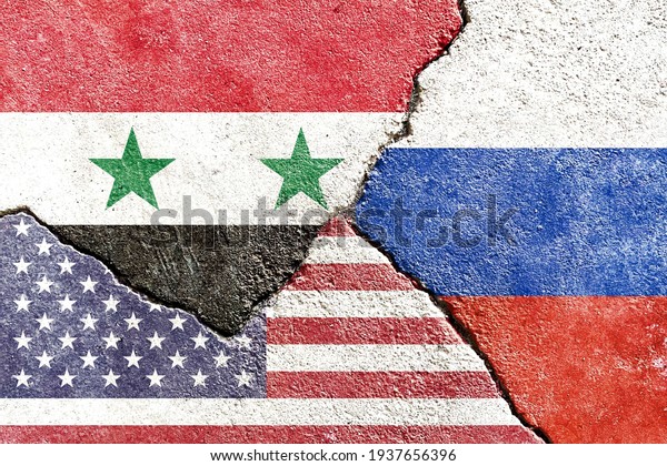 Syria VS USA VS Russia national flags icon on\
broken weathered wall with cracks, abstract international country\
political economic relationship conflicts concept pattern texture\
background wallpaper