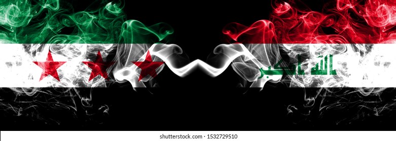 Syrian Arab Republic vs Iraq, Iraqi smoke flags placed side by side. Thick colored silky smoke flags of Syria opposition and Iraq, Iraqi