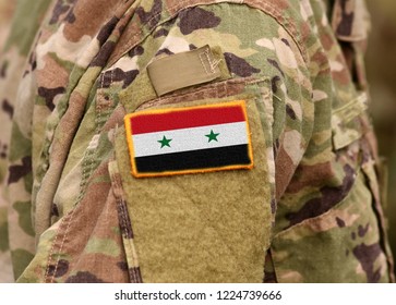 Syrian Flag On Soldiers Arm. Syria Army. Syrian Troops.(collage)