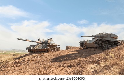 Syrian and Israeli tanks destroyed during the Yom Kippur War are in the Valley of Tears at the OZ 77 Tank Brigade Memorial on the Golan Heights in northern Israel