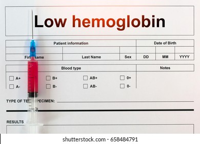 Syringe With Blood Test And Inscription Low Hemoglobin