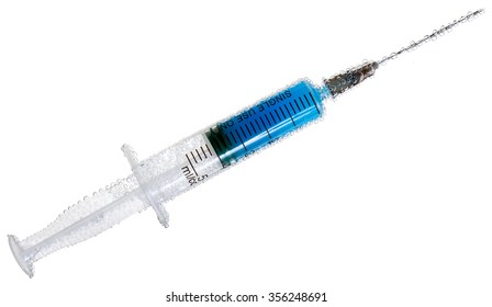 syringe with blue liquid with water bubbles isolated on white background - Powered by Shutterstock