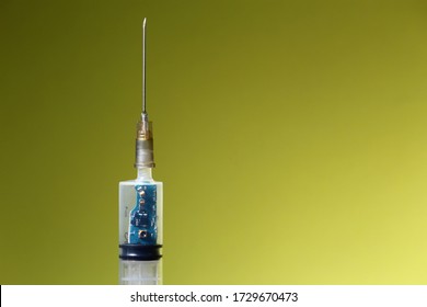 Syringe With A Chip. The Concept Of The Theory Of Conspiracy And Implantation Of Vaccinated Chips. Global Control Of Humanity.