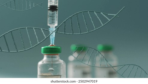 Syringe drawing liquid from vial with DNA strands image over medical background. Vaccination, healthcare, biotechnology, laboratory, research, genetics - Powered by Shutterstock