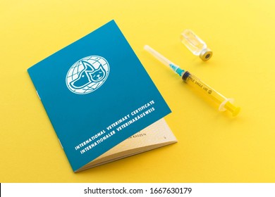 Syringe, Glass Vial With Liquid And Animal Passport For Indicating Vaccinations And Microchip Number. International Veterinary Certificate.  Cat Or Dog Document ID. Health Care And Medicine.