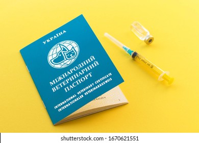 Syringe, Glass Vial With Liquid And Ukrainian Animal Passport For Indicating Vaccinations And Microchip Number. International Veterinary Certificate.  Cat Or Dog Document ID. Health Care And Medicine.