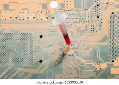 Syringe With A Needle Filled With Red Vaccine Against The Virus Vaccination Circuit Board Intervention And Chipping Of Humanity, Conspiracy Theory And Total Control, Nobody.