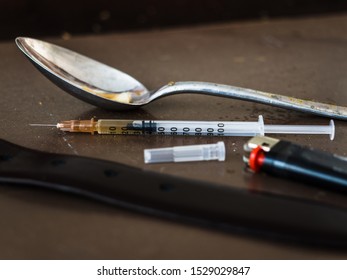 Syringe And Other Accessories For Intravenous Drug Use. Risk Of HIV Infection. Imitation