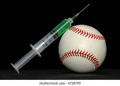 Syringe With Steroids Leaning On A Baseball