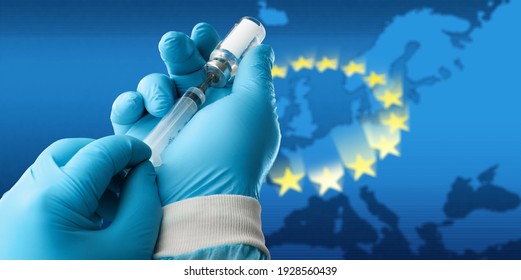 Syringe Vial Vaccine On Flag European Union Background. Coronavirus Concept.