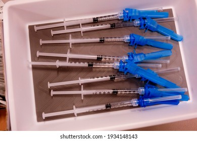 Syringes Containing The New One-shot Johnson And Johnson COVID-19 Vaccine At A Vaccination Event At Baldwin Hills Crenshaw Plaza In Los Angeles On March 11, 2021. 